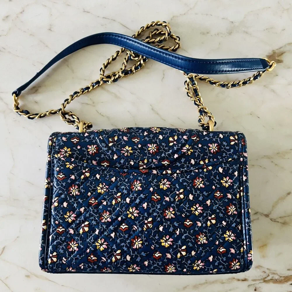 TORY BURCH Fleming Blue Wild Pansy Printed Small Convertible Shoulder Bag
